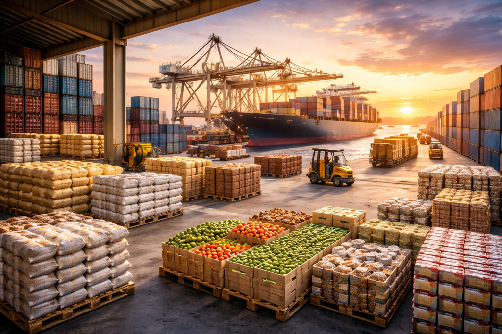 shipping port at sunset